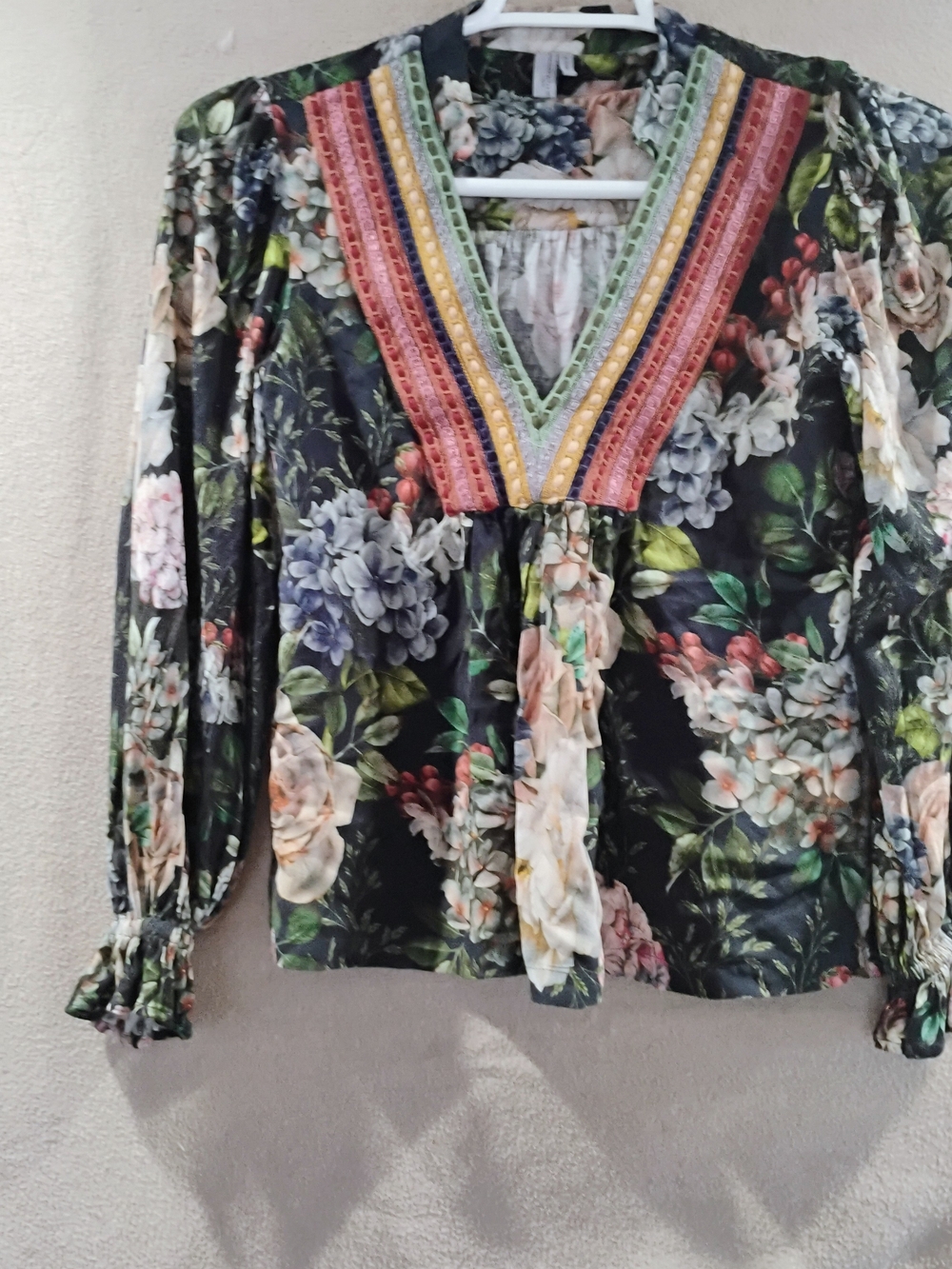 Floral V-Neck Long-Sleeve Blouse with Embroidered Trim - Black Floral